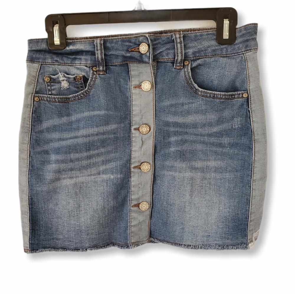 Patched Panel Side Stitch Buttoned Jean Skirt